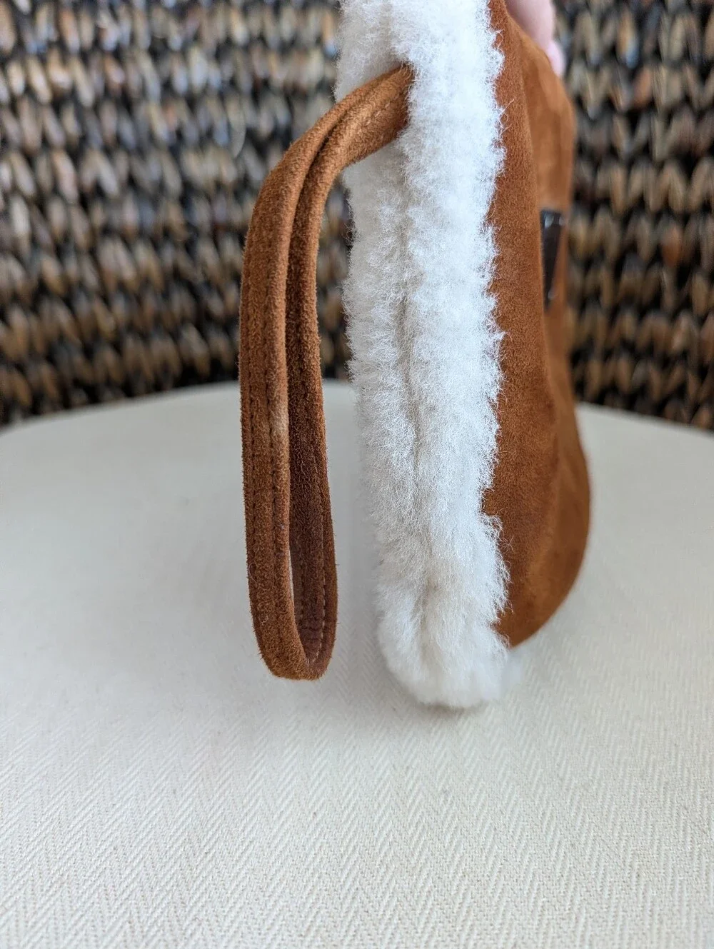 UGG Chestnut Brown Suede Wristlet with White Shearling Trim